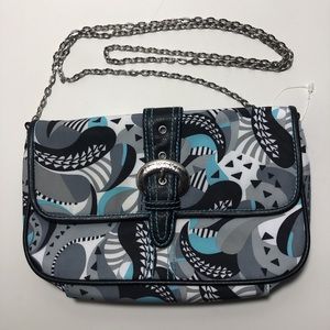 Hadaki Crossbody purse buckle flap clasp bag chain link strap Mardi Gras paisley